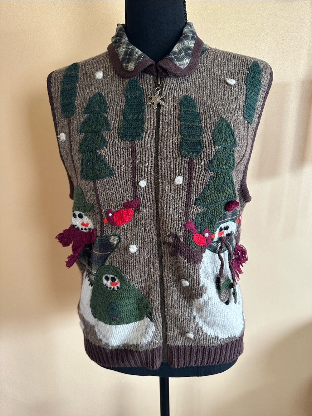 Vintage Belle Pointe Brown Wool Blend Snowman Vest Women’s Size Small